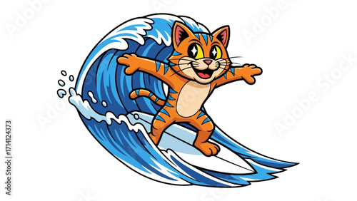 Surfing Cat in Blue Wave: A playful cartoon cat rides a vibrant blue wave with surfboard, exuding joy and skill. It's a lively depiction of summer fun and aquatic adventure.