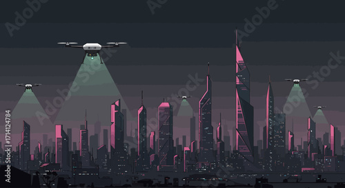 Futuristic digital metropolis skyline with surveillance drones flying at night