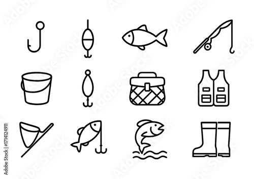 Collection of fishing equipment icons: hooks, fish, rods, and gear