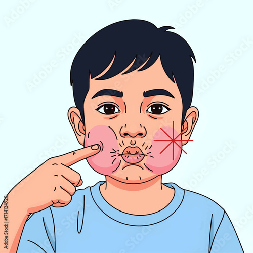 A young boy points to his swollen cheek, indicating discomfort or pain, with a red starburst highlighting the affected area.