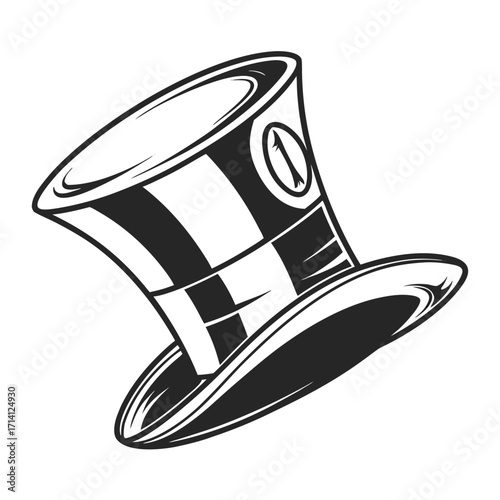 Monochrome vector art of a top hat with a circular emblem on its band against a white background