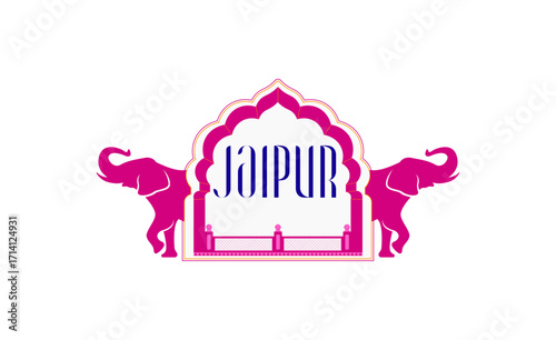 Jaipur logo with traditional archway and elephants, representing the Pink City’s royal heritage and cultural richness. Ideal for travel agencies, tourism branding, and cultural design projects.