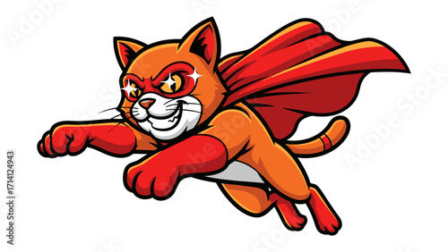 Heroic Feline: A fearless cat soars through the sky, embodying the essence of a superhero with a vibrant red cape and mask, exuding strength and determination in a dynamic pose.