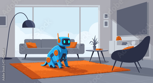 Robotic dog companion sitting on an orange rug in a modern living room
