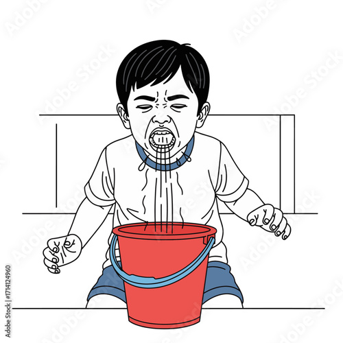 A young boy is forcefully vomiting into a red bucket, his face contorted in distress.
