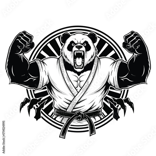 A muscular panda bear in a karate gi, roaring, with large claws behind it.
