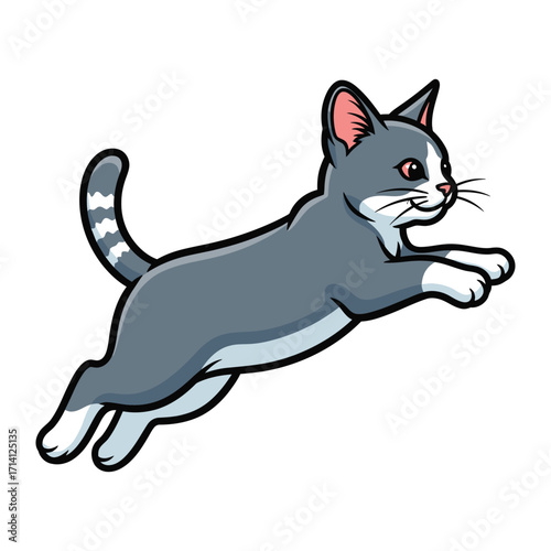 Graceful Leap: A sleek grey and white cat embodies playful energy in mid-air, captured through dynamic illustration, evoking an image of pure feline fun.