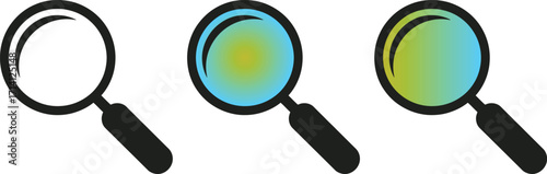 Three magnifying glasses with different color gradients inside