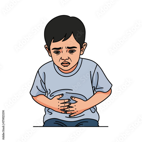 A young boy clutches his stomach in discomfort, his face contorted in pain, suggesting illness or stomach ache.