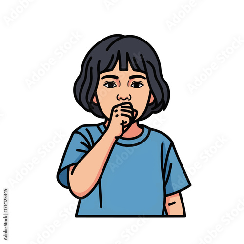 A young child with short dark hair and a blue t-shirt coughs into their fist, covering their mouth.