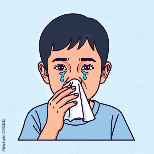 A young boy with dark hair is crying and wiping his nose with a white tissue.