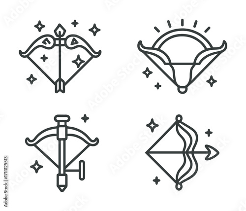 Set of vector bow and arrow icons with star accents