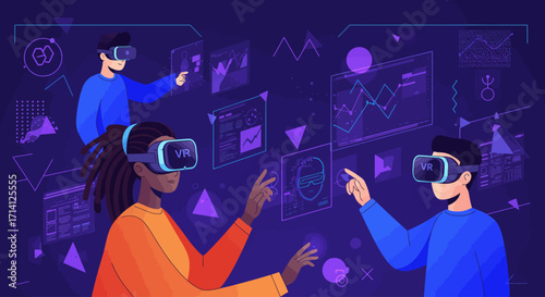 People interacting with virtual reality technology and digital interfaces