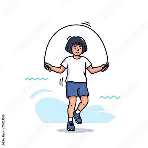 A young girl with short black hair joyfully skipping rope outdoors, wearing a white t-shirt and blue shorts.