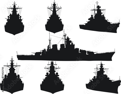 Naval warship silhouette vector set, black military ship icons with radar, turret, antenna design for defense, navy, combat, maritime, weapon, illustration