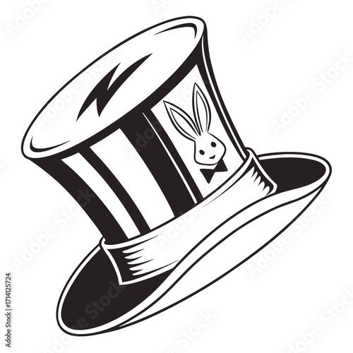 Stylized Black and White Top Hat with Rabbit and Lightning Bolt Keywords: hat, top hat, rabbit, bunny, magic, magician, lightning bolt, thunder, energy, power, surprise, entertainment, performance