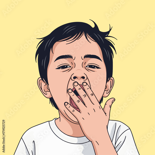 A young boy with dark hair yawns widely, covering his mouth with his hand against a plain yellow background.
