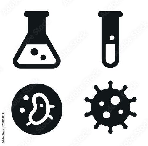 Black scientific icons: flask, test tube, bacteria, virus symbols