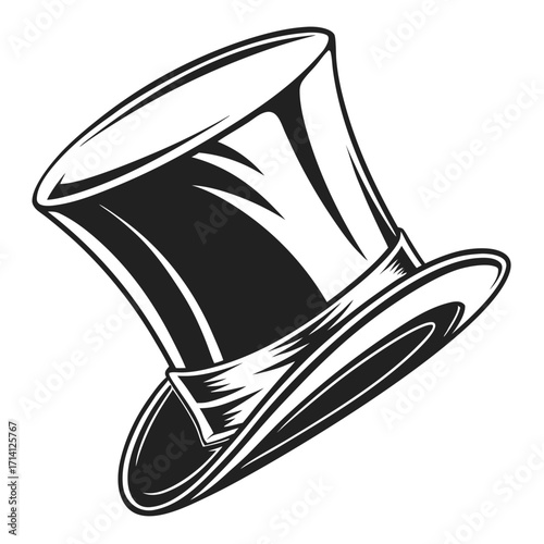 Vintage Black Top Hat with Ribbon Detail Isolated on White Keywords: top hat, vintage, retro, classic, formal wear, gentleman, accessory, headwear, fashion, style, black and white, illustration