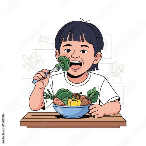 A young child happily eating broccoli from a bowl of fresh vegetables with a fork.