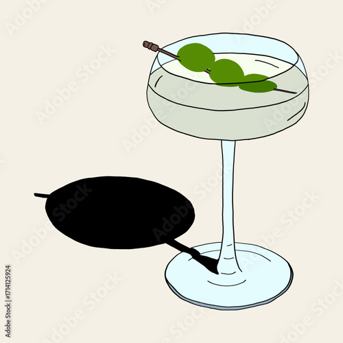 Elegant Martini Glass with Green Olives and Shadow Illustration.