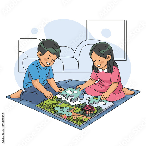 Two young children, a boy and a girl, are sitting on the floor and happily assembling a large jigsaw puzzle together.