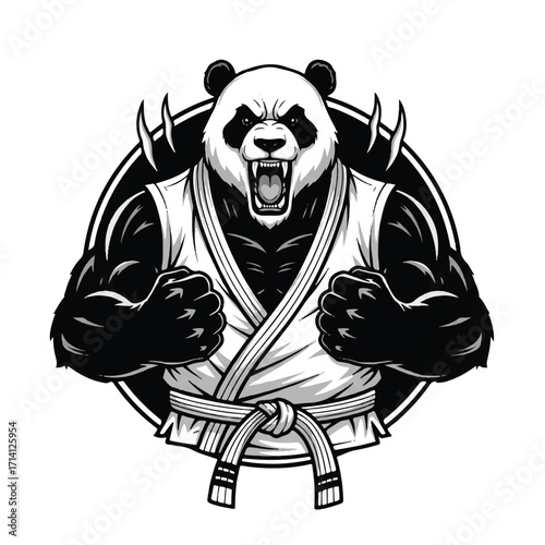 Aggressive panda bear martial artist with muscular build and a white gi.