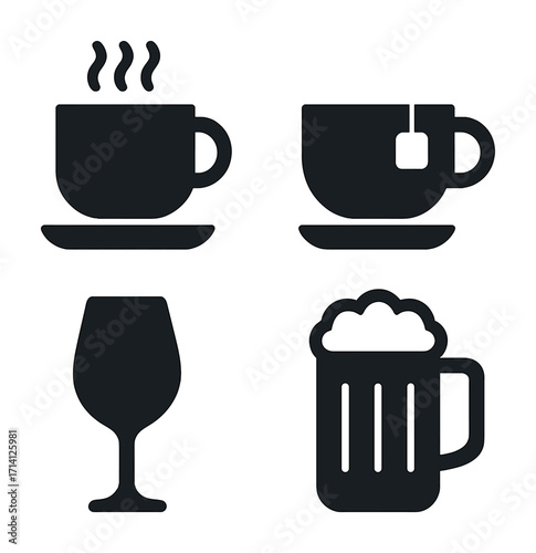 Set of beverage icons: coffee, tea, wine glass, beer mug