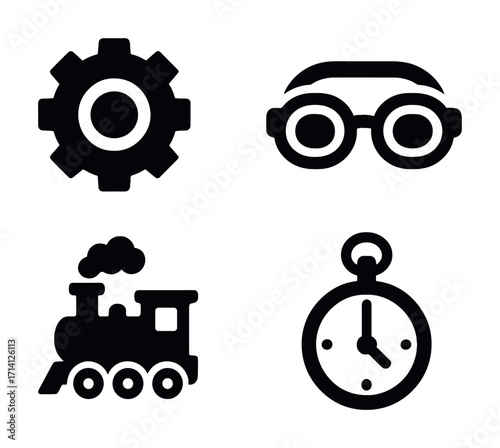 Gear, goggles, steam train, stopwatch icons in black