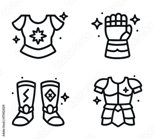 Outlined fantasy armor set with chestplate, gauntlet, boots, and shoulder armor