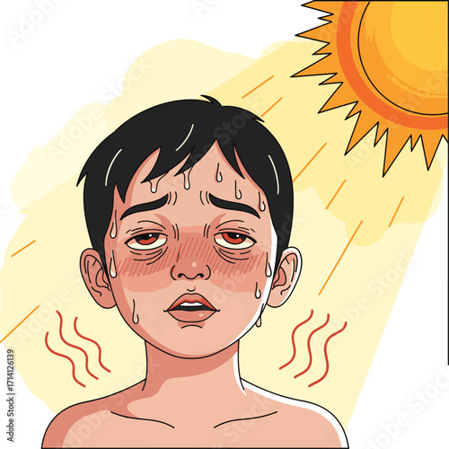 A young boy suffering from heat exhaustion under the intense sun, showing signs of dehydration and overheating.