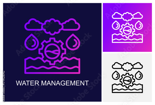 Water Management Icon.Style Is A Line Graphic Symbol In Black, Gradient, White Color Variants