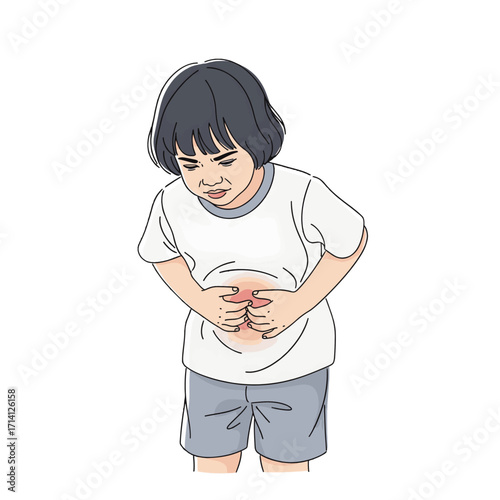 A young child is holding their stomach in pain, indicating abdominal discomfort or illness.
