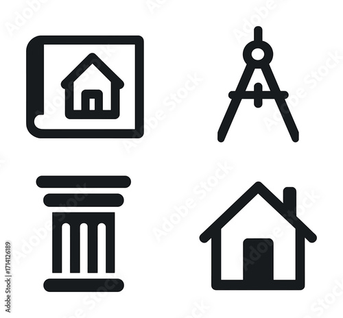 Architectural design icons set featuring compass, blueprint, column, house