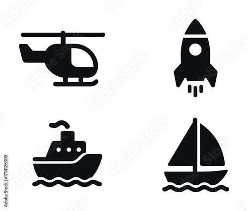 Silhouette icons: helicopter, rocket, ship, and sailboat in black