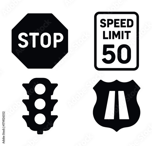 Black and white traffic sign icons including stop sign and speed limit
