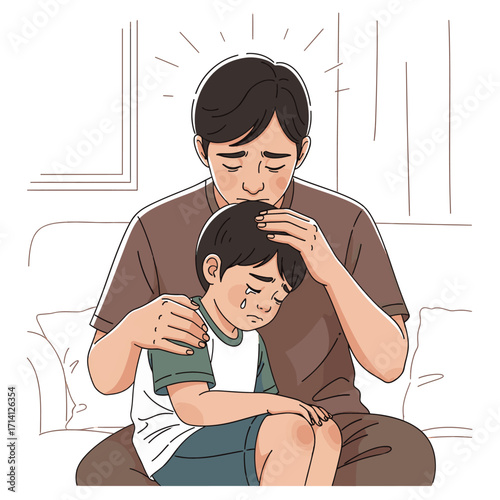 A father comforts his crying son, placing a hand on his head and shoulder with a look of concern and love.