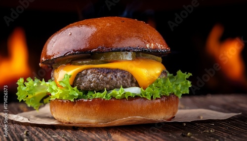 Closeup Of A Juicy Flame Grilled Beef Burger With Melted Cheese And Lettuce