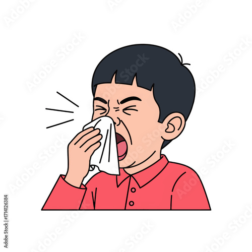 A young child is shown sneezing into a white tissue, with their eyes squeezed shut and mouth open.