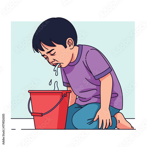 A young boy is kneeling on the floor, hunched over a red bucket, and appears to be vomiting.