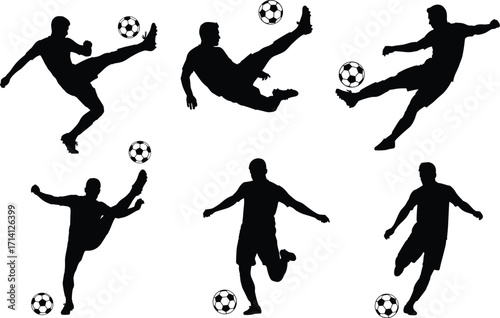 Soccer silhouette vector, football player action poses, dynamic athlete kicking ball, sports illustration for training, youth club, branding, campaign, tournament use