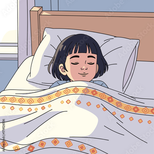 A young girl with short dark hair peacefully sleeping in a cozy bed with a patterned blanket.