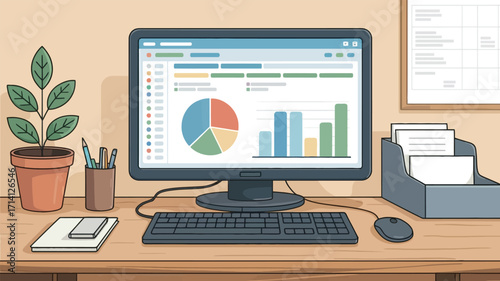 Illustration of a computer with charts on a desk with plant and papers