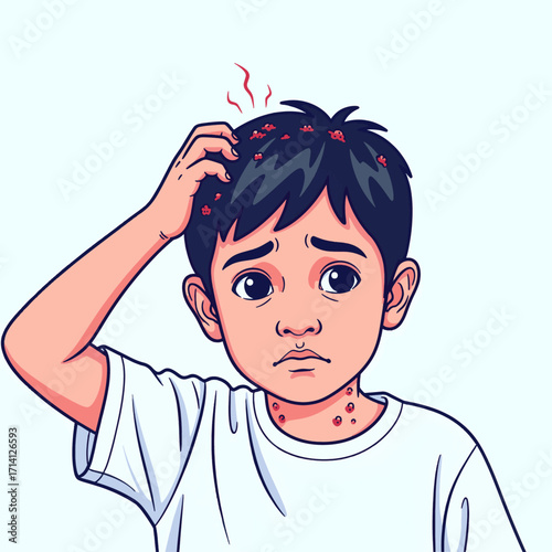A young boy scratching his head and neck due to itchy red bumps, indicating discomfort and a possible skin condition.