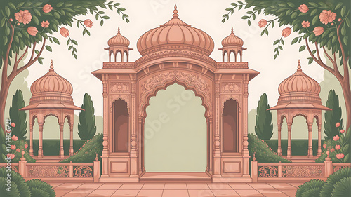 Mughal forest garden landscape artwork with peacock, parrot, plant and botanical tree seamless pattern illustration