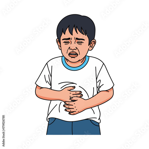 A young boy grimaces in pain, clutching his stomach, indicating he is experiencing abdominal discomfort or a stomach ache.