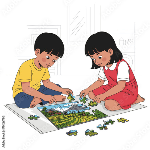 Two young children, a boy and a girl, are sitting on the floor and concentrating on assembling a jigsaw puzzle.