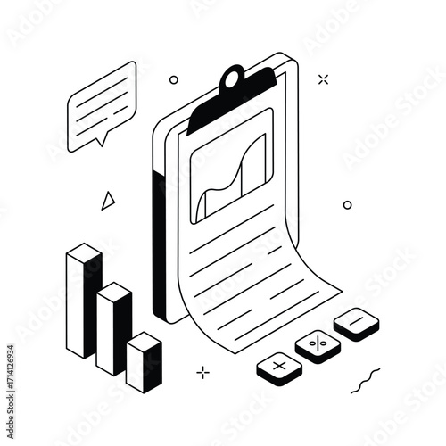 Market report isometric illustration with clipboard and data charts