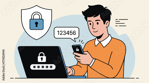 Man using two factor authentication on laptop and smartphone