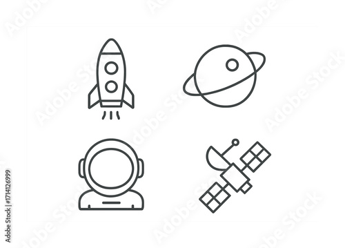Space exploration icons: rocket, planet, astronaut helmet, satellite in minimalist style